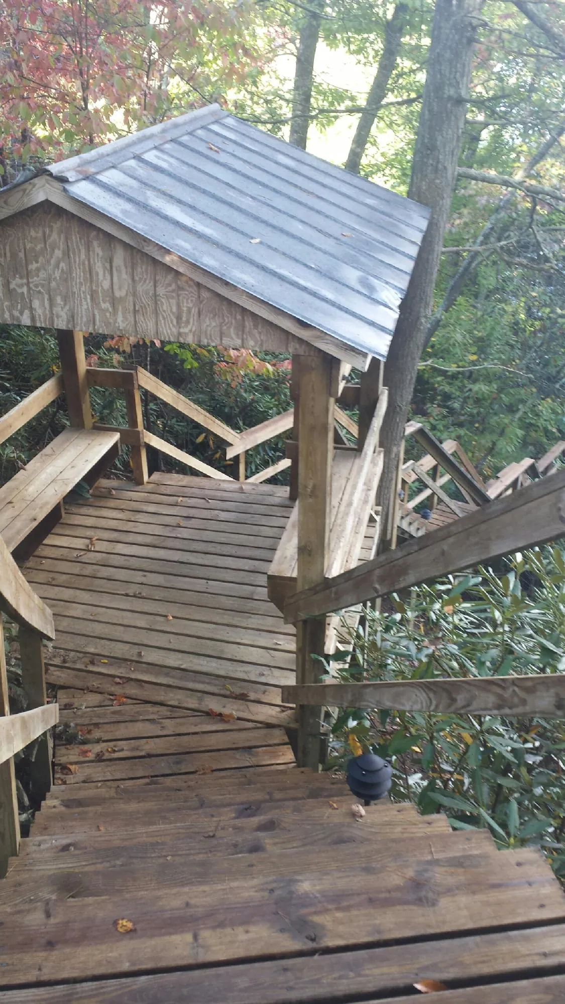 Metal roofed shelter over wooden steps on a wooded walkway — Skylight Repair & Installation work by our crew in Saint Marys